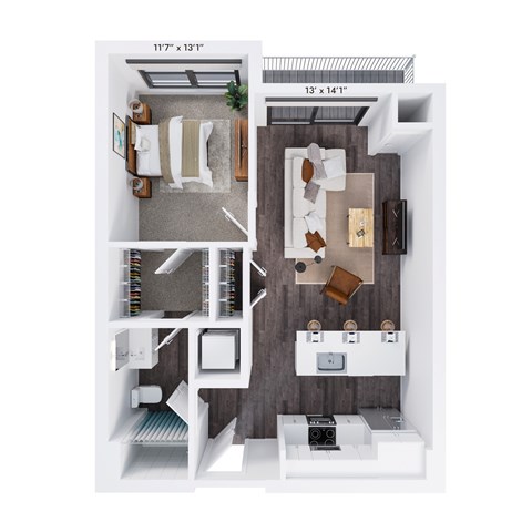 Floor plan for 1 bed, 1 bath, 733 sqft